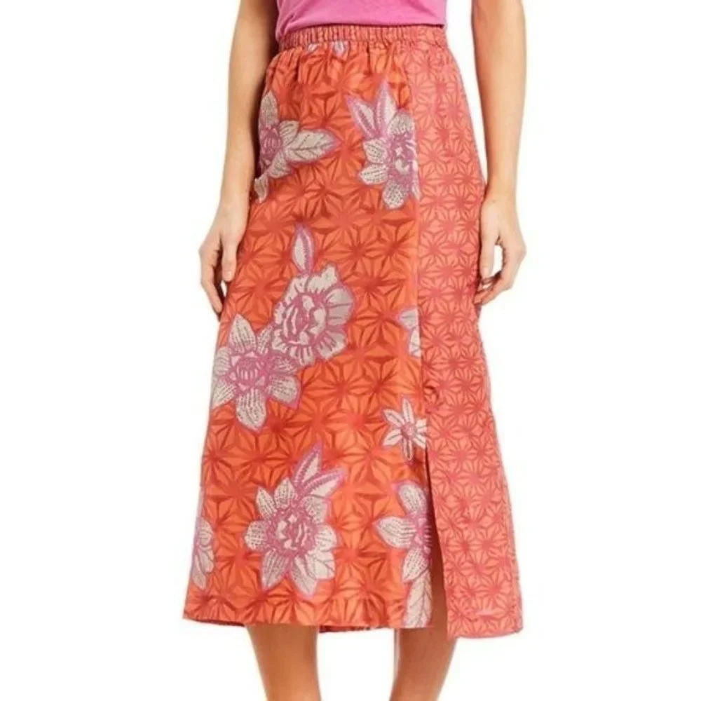 Sigrid Olsen 100% Silk Coral Hawaiian A-Line Lightweight Midi Skirt Medium NWT